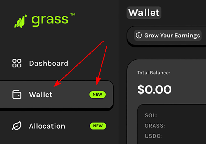 A screenshot of the Grass app interface highlights the new "Wallet" feature in the sidebar menu, marked with a green "NEW" badge, alongside the "Allocation" option. The Wallet panel shows a "Total Balance" of $0.00 with placeholders for SOL, GRASS, and USDC balances, visually announcing the launch of Grass's new non-custodial crypto wallet.