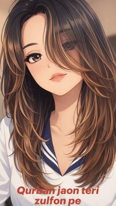 An anime-style portrait of a young woman with long brown hair wearing a sailor-style uniform, with the text "Qurban jaon teri zulfon pe" displayed at the bottom.