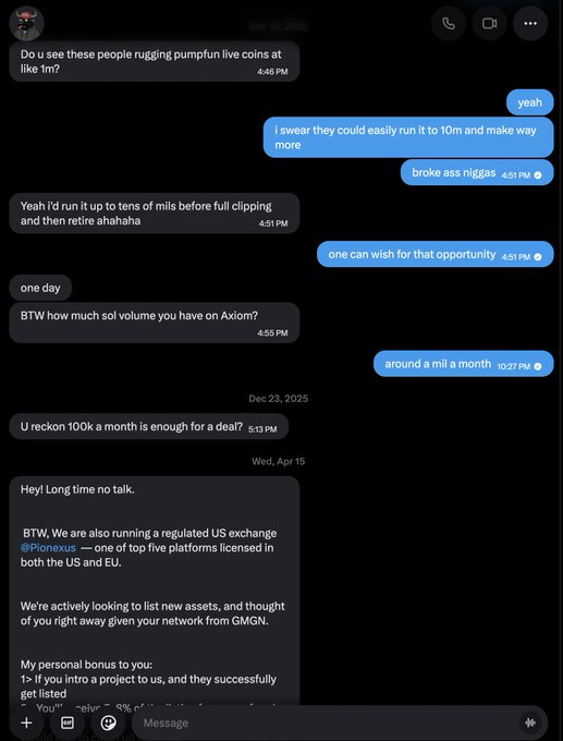 A screenshot of a DM conversation discussing crypto rug pulls, Solana volume on Axiom (~1M/month), and an inquiry from Pioneux exchange about listing assets—providing context for warnings about potential insider knowledge of upcoming listings before publicly promoting $CATE.