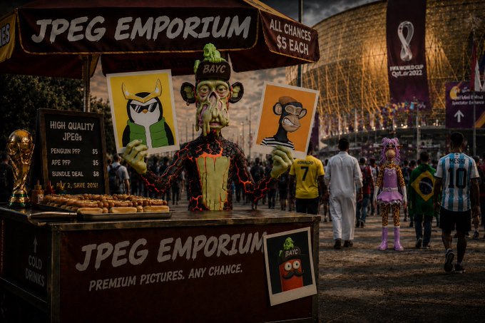 The image features a group of people walking by a market stand filled with monkeys, holding signs advertising an event called "All-Chance". There are three main monkey figures within the scene, each representing different aspects of the event. One of them is wearing a green hat and holding up a sign that says "Bayscale", possibly indicating the artists or performers participating in this event. The other two monkeys appear to be holding up signs for "JakePG Emporium" and "All-Chance", suggesting that they are promoting an auction, perhaps related to artwork featuring monkeys, as well as an opportunity for attendees to win valuable prizes if they wish. A person can also be seen walking past the monkey market stand in the background, adding some depth to the scene.