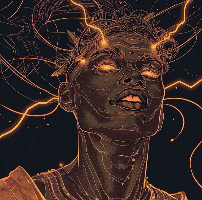 A digital artwork featuring a stylized portrait of a person with glowing orange eyes and golden lightning-like patterns, wearing an ornate crown or headpiece.