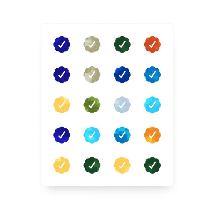 A grid of 20 colorful checkmark badges in various shades of blue, green, yellow, and orange on a white background.