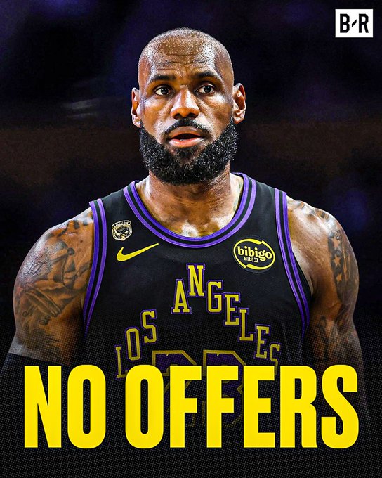 LeBron James in a black Los Angeles Lakers jersey with "NO OFFERS" displayed in bold yellow text, humorously mirroring the disappointment of seeing zero bids on NFT listings.