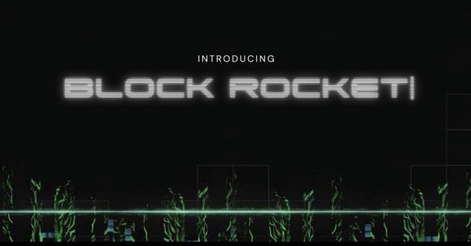 A dark screen with neon green accents displays the text 'INTRODUCING BLOCK ROCKET!' above a stylized plant graphic.