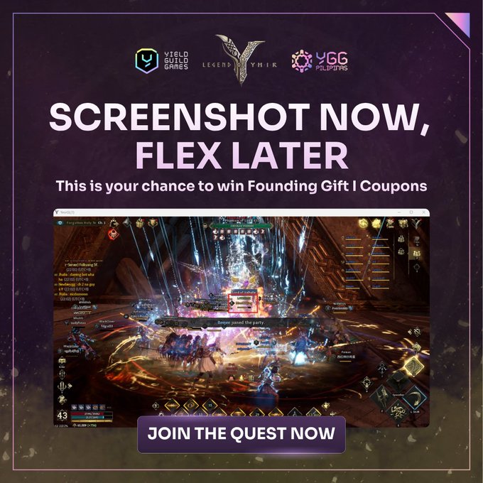 The image shows a screenshot of a video game screen, possibly from a game like "Legend of YMIR" or "YGCC", with a banner at the top that reads "Screenshot Now, Flex Later". The text below the screenshot invites players to join an official server event and claim a chance to win a gift by taking a screenshot of their current position in the game.