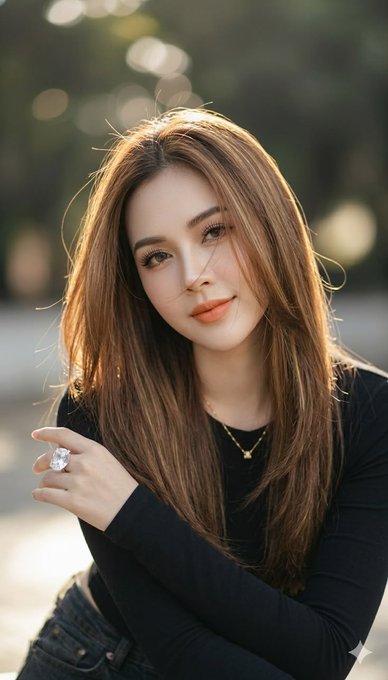 Portrait of a young woman with long brown hair wearing a black long-sleeve top and a gold necklace, posing outdoors with a large ring on her finger.