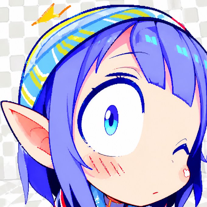 アンカー, a blue-haired girl with large ears and a yellow headband, gazes directly at the viewer with an expression of surprise or shock.