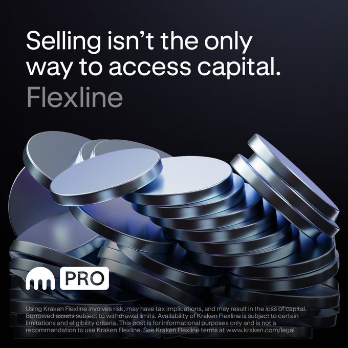 The image is a Kraken Pro advertisement featuring a stack of metallic blue coins with the headline "Selling isn't the only way to access capital. Flexline." It promotes Kraken Flexline as a financing alternative, aligning with the post's message that traders can access liquidity through borrowing against holdings rather than selling their crypto, preserving their upside exposure.