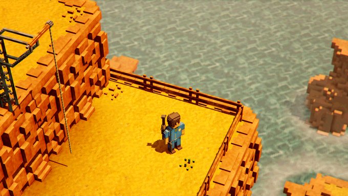 An isometric, voxel-style game scene depicts a character standing on a rocky cliff overlooking a vast ocean. The image visualizes the "explore the coast" aspect of SolMoran, a browser-based voxel open world on Solana.