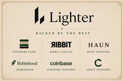 A 'Lighter' promotional graphic displaying backing from investors including Ribbit Capital, Haun Ventures, Robinhood, Coinbase, and Craft Ventures.