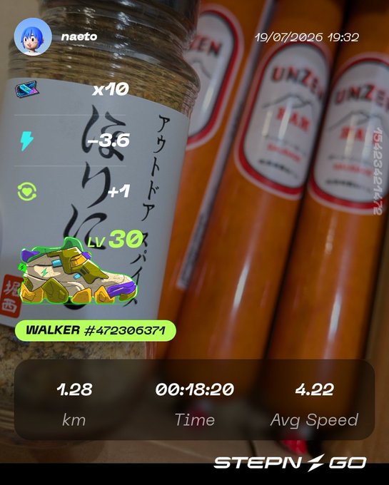 A STEPN GO app screenshot showing a user named "naeto" who walked 1.28 km in 18:20 (avg 4.22 km/h), earning -3.6 energy, +1 GMT, and 10x experience to reach Level 30 with their "WALKER #472306371" sneaker, captured on 19/07/2026 at 19:32 over a background of Unzen beer bottles—reflecting the post's message of keeping the activity moderate ("ほどほどにします").