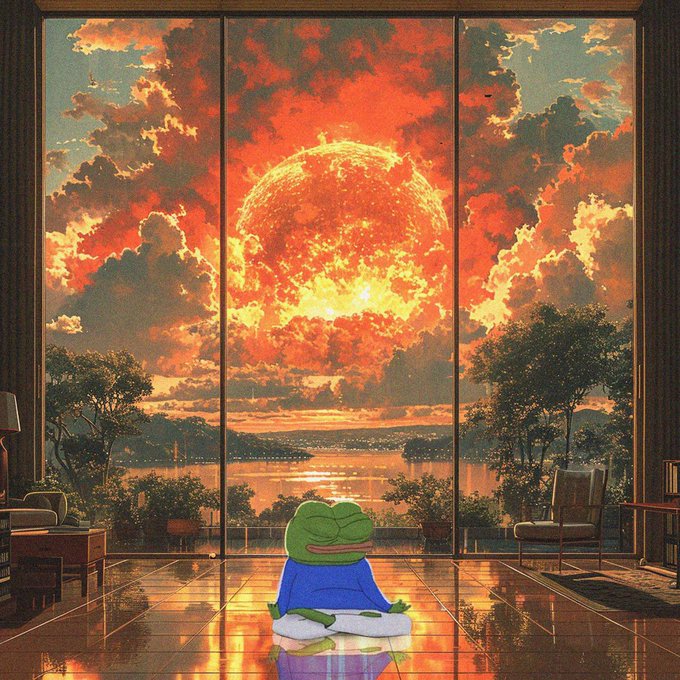 A surreal illustration shows a green frog-like character in blue clothing sitting cross-legged on a reflective floor before floor-to-ceiling windows overlooking a dramatic fiery sunset and water.