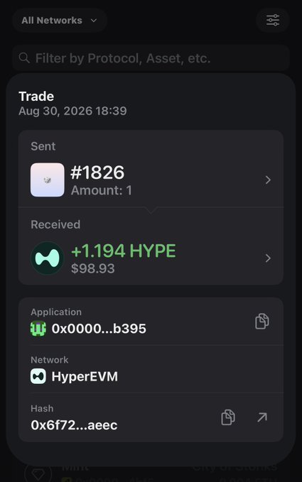 A mobile screenshot of a cryptocurrency transaction interface. It shows a sent NFT '#1826' and a received amount of '+1.194 HYPE' ($98.93) on the HyperEVM network.