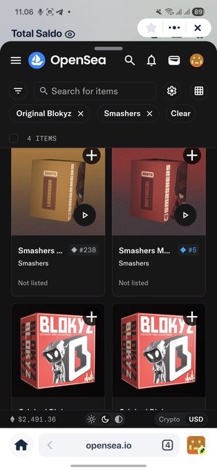 A mobile screenshot of OpenSea displaying NFT listings from "Original Blokyz" collection, showing 4 items including two "Smashers" priced at #238 and #5, and two "BLOKYZ" boxes featuring a cartoon character, with a total portfolio value of $2,491.36 and active filters for "Original Blokyz" and "Smashers" — matching the post's promotion of the OriginalBlokyz presale.