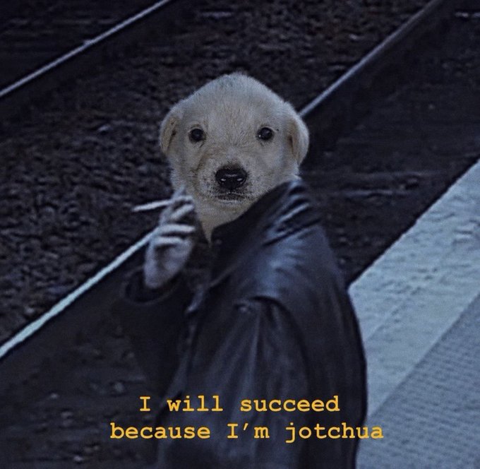 A fluffy white dog in a black leather jacket stands at a train platform, with yellow text reading "I will succeed because I'm jotchua" — visually reinforcing the post's bullish $Jotchua meme coin hype by portraying the dog mascot as determined to rise despite pullbacks.