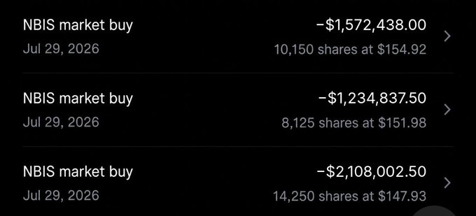 This image shows three separate market buy orders for NBIS stock on July 29, 2026, totaling over $4.9 million, directly illustrating the $NBIS trade mentioned in the post.