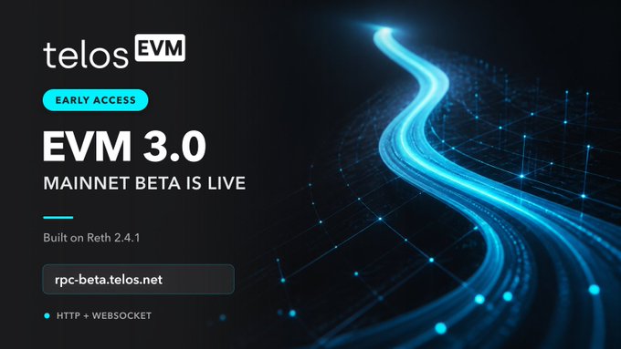 A dark-themed promotional graphic for "telos EVM" announcing "EVM 3.0 MAINNET BETA IS LIVE," noting it is "Built on Reth 2.4.1" and providing the endpoint "rpc-beta.telos.net."