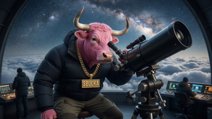 An AI-generated image of a pink bull wearing a gold '$BULKA' chain and black puffer jacket, looking through a telescope at the Milky Way from a space station.