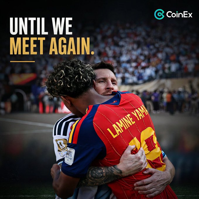 Two soccer players embrace on the field, one wearing a jersey with "LAMINE YAMAL" and the number 19, as the text "UNTIL WE MEET AGAIN." appears alongside the CoinEx logo, capturing a heartfelt post-match moment of sportsmanship. The image embodies the post's message about respect and humanity transcending competition.