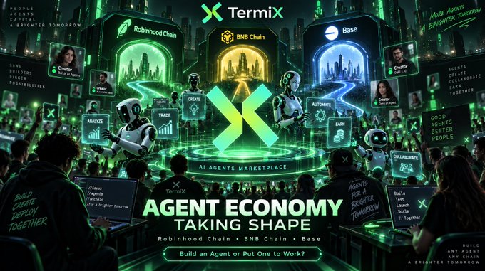 A promotional banner for 'TermiX' AI Agents Marketplace featuring 'AGENT ECONOMY TAKING SHAPE' text, mentioning 'Robinhood Chain', 'BNB Chain', and 'Base', with various robot figures and people in a futuristic green-lit setting.