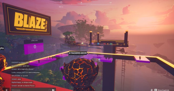 A screenshot from a video game showing a 'BLAZE' level with a player character labeled 'KINGBRE4KER' on an obstacle course at sunset, with chat messages visible.