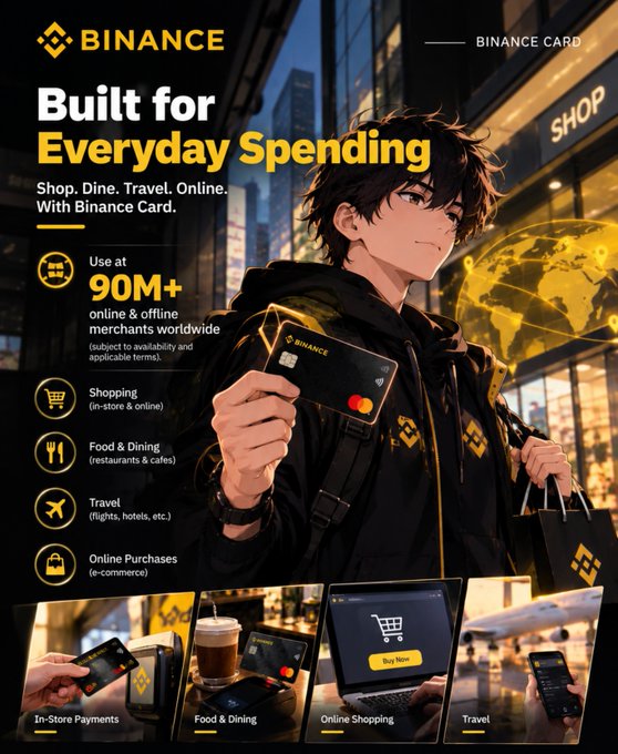 A Binance promotional poster featuring an anime-style character holding a Binance Card, advertising it as 'Built for Everyday Spending' with acceptance at 90M+ merchants for shopping, food & dining, travel, and online purchases.