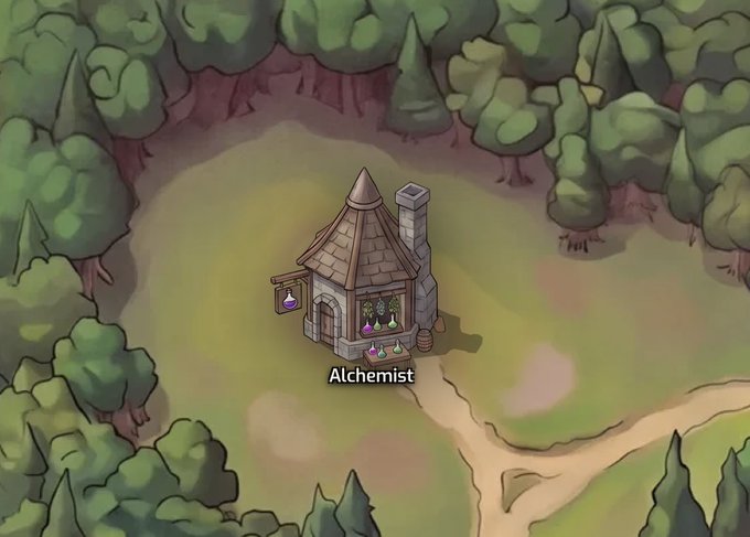 A top-down video game screenshot of a small stone building with a conical roof labeled 'Alchemist', surrounded by a forest clearing with a dirt path.