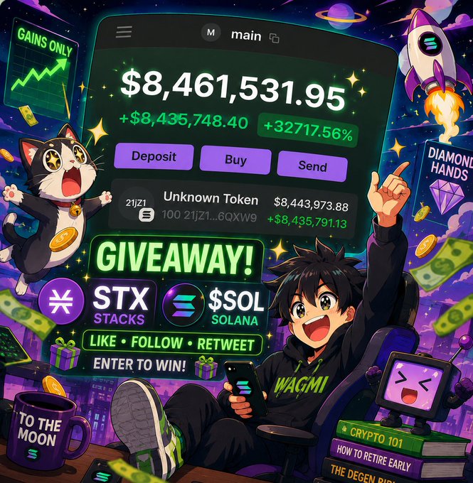 An anime-style crypto giveaway graphic shows a character in a 'WAGMI' hoodie pointing upward, with a large balance of '$8,461,531.95', '+32717.56%' gains, and call-to-actions for STX and SOL tokens.