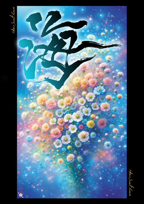An artwork featuring vibrant blue and purple hues with colorful flowers in the center and large black calligraphic characters at the top, signed 'Haku Mura' on the left and right.