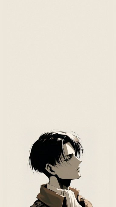 A minimalist anime-style illustration showing a young man with dark hair in profile, looking upward against a vast cream-colored background, wearing what appears to be a brown jacket.