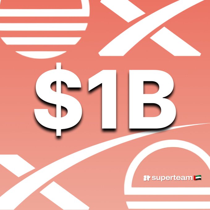 A peach-colored graphic with circular designs featuring large white text reading '$1B' and the 'superteam' logo with a UAE flag in the bottom right corner.