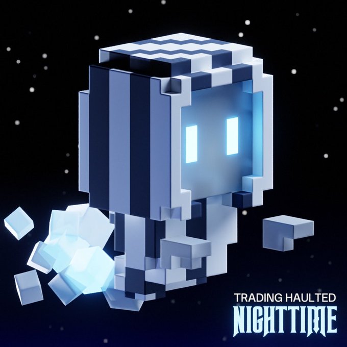 A 3D voxel-style character resembling a Minecraft ghost or spirit floating in a starry space with blue ice cubes, labeled 'TRADING HAULTED NIGHTTIME'.