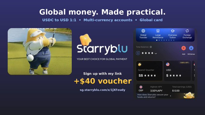 Promotional graphic for Starryblu, a global payment platform, featuring a cartoon elephant golfer, a mobile app preview, and the headline “Global money. Made practical.” It promotes USDC-to-USD 1:1 conversion, multi-currency accounts, a global card, and a “+$40 voucher” for signing up.
