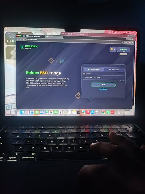 A laptop screen displaying the Beldex BSC Bridge website with options to bridge BEP-20 to ERC-20 and vice versa, while a person's hands are typing on the keyboard in a dark room.