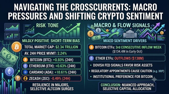 An infographic titled 'Navigating the Crosscurrents: Macro Pressures and Shifting Crypto Sentiment' showing market data including BTC +0.93%, ETH +0.63%, ADA +10.61%, and ZEC -0.49%, alongside ETF signals.