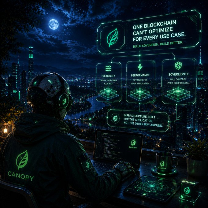A futuristic nighttime scene shows a person in a 'CANOPY' branded hoodie and helmet working on a laptop overlooking a city, with holographic displays reading 'ONE BLOCKCHAIN CAN'T OPTIMIZE FOR EVERY USE CASE. BUILD SOVEREIGN. BUILD BETTER.' and highlighting features: Flexibility, Performance, and Sovereignty.