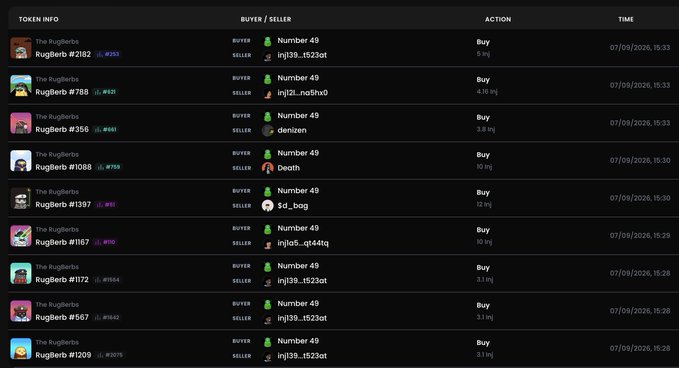 A token transaction log showing multiple 'Buy' actions for various 'RugBerb' tokens by a buyer named 'Number 49' on 07/09/2026, with sellers including addresses like 'inj39...t523ot' and 'denizen.'