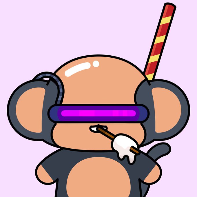 A cartoon illustration shows a round, tan character wearing dark headphones and a purple visor, smoking a stick with a white fluffy end.