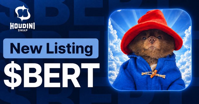 The image is a promotional graphic for Houdini Swap announcing the new listing of $BERT, featuring an anthropomorphic bear character wearing a red hat and blue coat, alongside the Houdini Swap logo and bold text reading "New Listing $BERT," which aligns with the announcement of BERT's official listing on the Houdini platform.