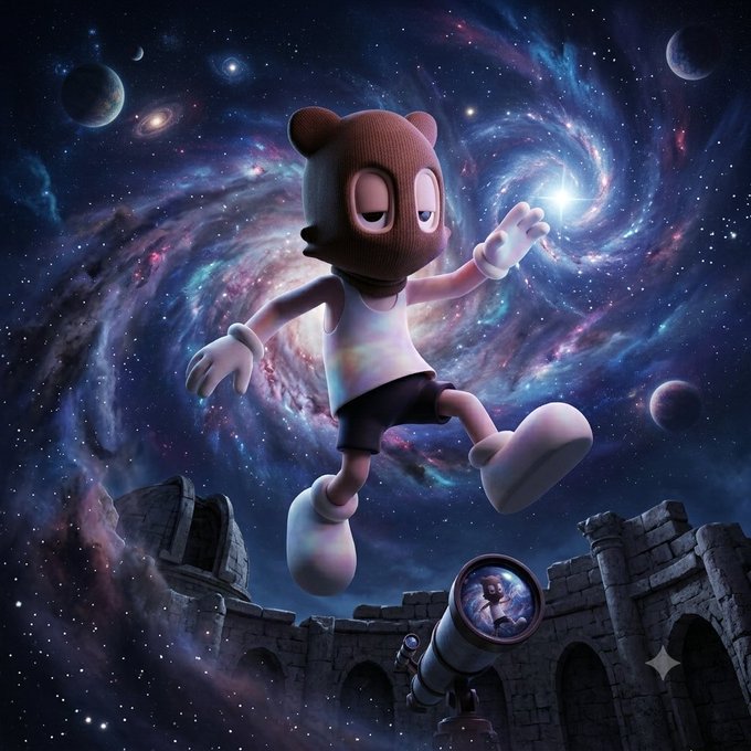 A 3D render of a cartoon bear-like character in a white tank top and dark shorts floating or falling in front of a vibrant cosmic galaxy, with a telescope and ruins in the foreground.