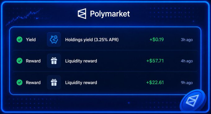 A Polymarket dashboard showing three notifications: a holdings yield of $0.19 at 3.25% APR, a liquidity reward of +$57.71, and another liquidity reward of +$22.61.