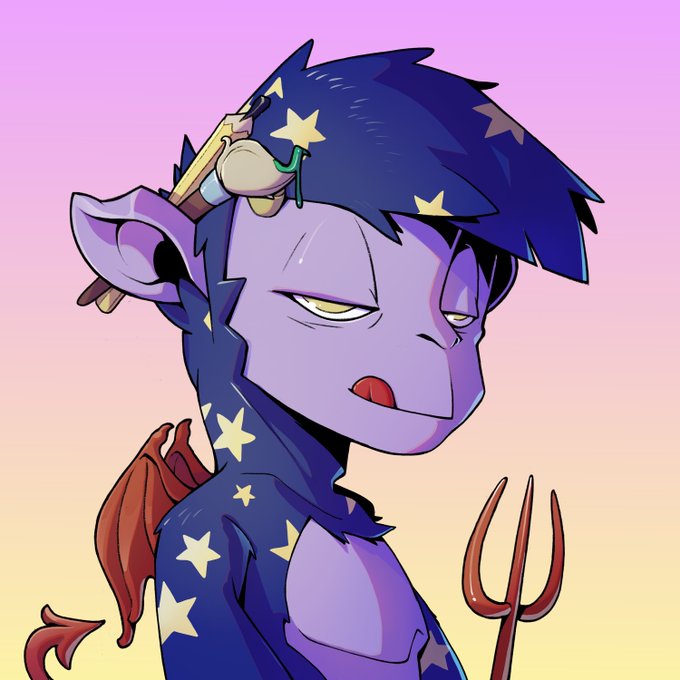 An illustration of a purple-skinned character with dark hair decorated with yellow stars, holding a red trident, with a small creature on their head.