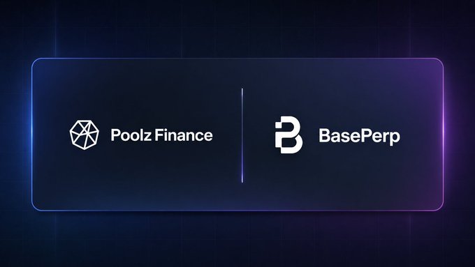 The image features a logo that says "BasePerp" above another logo with the letters "B" and "A" below it. The text indicates that there's a strategic partnership between Pool Finance and BasePerp, which are both native perpetual DEX platforms for trading in cryptocurrency. The logos are displayed on a dark blue background, creating a striking contrast against each other.