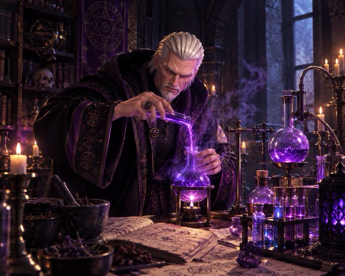 A fantasy illustration of a white-haired wizard in dark robes working with glowing purple potions in an atmospheric alchemist's laboratory filled with candles, books, and mystical equipment.