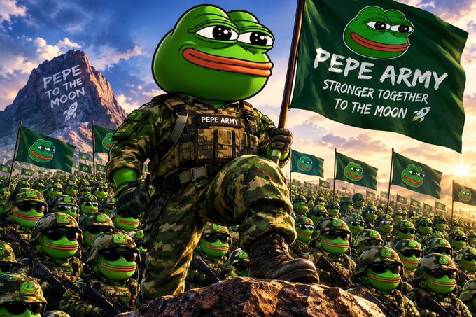 A meme-style image depicts an army of Pepe the Frog characters in military camouflage gear, led by a central figure holding a green flag reading "PEPE ARMY — STRONGER TOGETHER TO THE MOON," with a rocket graphic, set against a mountainous background.