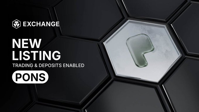 A crypto exchange announcement banner showing 'NEW LISTING' with 'TRADING & DEPOSITS ENABLED' for the token PONS, featuring a stylized green 'P' logo on a hexagonal dark background.