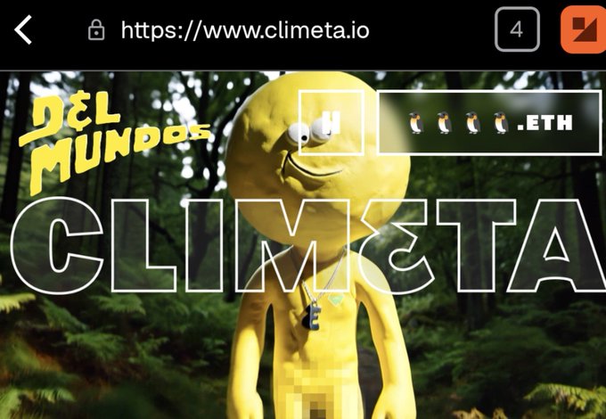 The image is a screenshot of the Climeta.io website featuring a large yellow character, the text "DEL MUNDOS CLIMETA," and a wallet connection banner with penguins and ".ETH," illustrating the post's observation about a connected wallet.