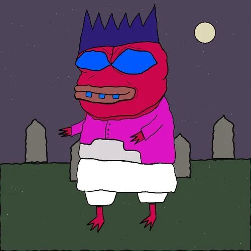 A crude digital drawing of a red character with blue eyes, a blue spiky crown-like hair, and an oversized pink shirt and white pants, standing in a graveyard under a night sky with a moon.