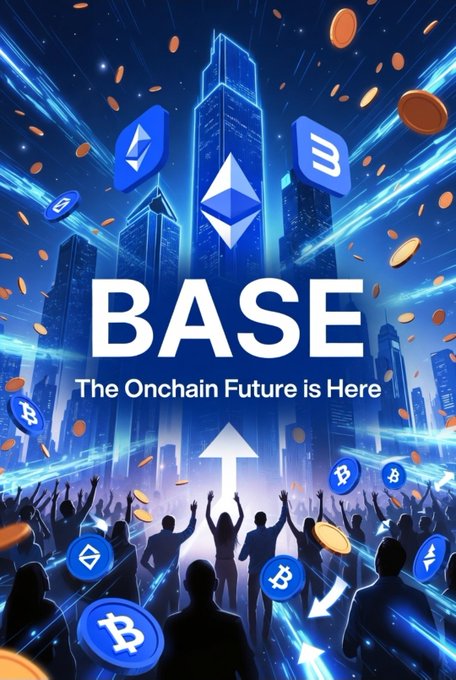 The image features a poster for Base that showcases a group of people standing together with their arms raised, surrounded by coins flying through the air. The background of the poster displays an illustration of a city skyline, emphasizing the connection between the cryptocurrency world and urban environments. The text on the poster highlights the advantages of using Base as a blockchain, such as low fees, fast transactions, and compatibility with Ethereum's EVM protocol.