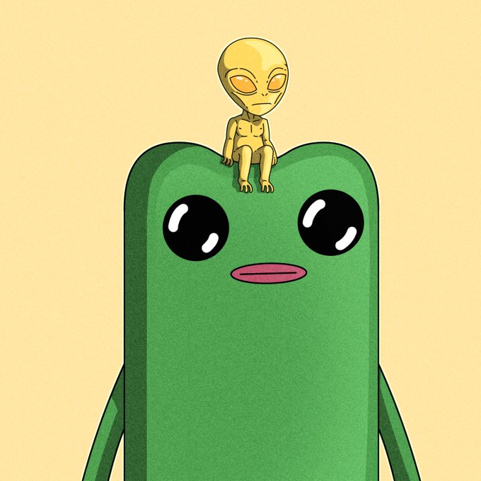 A cartoon illustration of a large green creature with big black eyes and a small golden alien sitting on top of its head against a beige background.